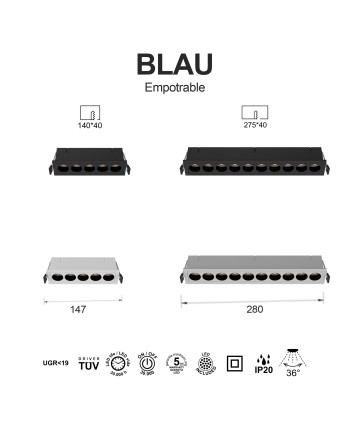 BLAU * FOCO EMPOTRAR 5L 12W  3000K NEGRO
